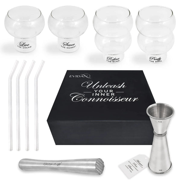 Cocktail Gift Sets with Cocktail Glasses Glass Straws Cocktail Picks Muddler Measuring Cup – Food Grade Stainless Steel and Glass – Ideal for Home Bar Cocktail Lovers