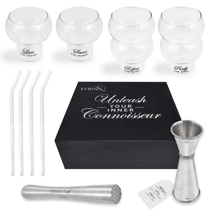 Cocktail Gift Sets with Cocktail Glasses Glass Straws Cocktail Picks Muddler Measuring Cup – Food Grade Stainless Steel and Glass – Ideal for Home Bar Cocktail Lovers