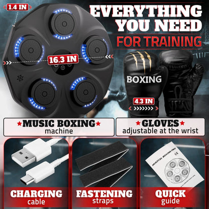 Music Boxing Machine for Adults Durable Wall Mounted Bluetooth Music Punching Machine with 9 Modes Shock Absorbing Pads LED Screen &amp; Included Gloves Boxing Equipment for Training at Home